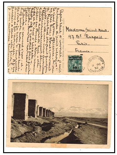 MOROCCO AGENCIES - 1932 40c on 4d rate postcard use to France used at MARRAKESH.