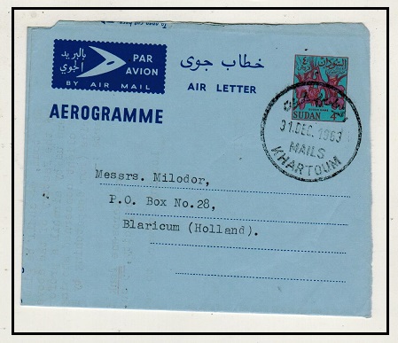 SUDAN - 1963 4p pinkish brown and blue postal stationery air letter used at MAILS/KHARTOUM. H&G 4.