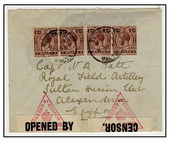 MALTA - 1918 1/4d (x4) on censored cover to Egypt used at SLIEMA B.O./MALTA.