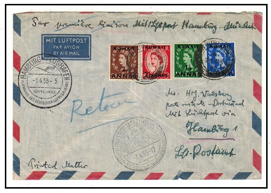 KUWAIT - 1955 multi franked cover to Germany taken on internal German first flights.