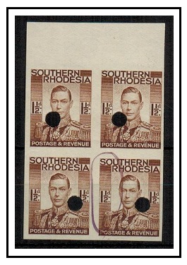 SOUTHERN RHODESIA - 1937 1 1/2d red-brown IMPERFORATE PLATE PROOF block of four.  SG 42.