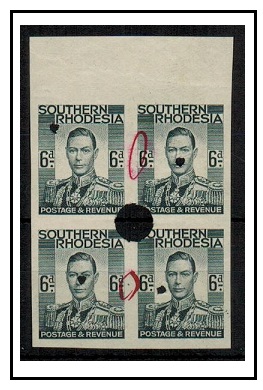 SOUTHERN RHODESIA - 1937 6d grey black IMPERFORATE PLATE PROOF block of four.  SG 44.