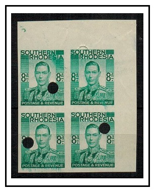 SOUTHERN RHODESIA - 1937 8d emerald IMPERFORATE PLATE PROOF block of four.  SG 45.
