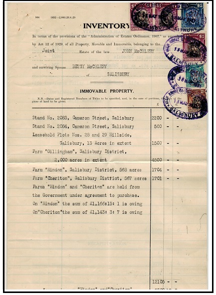 SOUTHERN RHODESIA - 1931 £8.7s.0d rated INVENTORY document. 