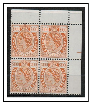 CAYMAN ISLANDS - 1980 $100 pale orange-pink REVENUE U/M block of four.
