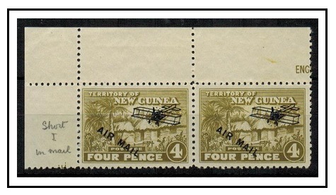 NEW GUINEA - 1931 4d olive green mint pair showing the SHORT I IN MAIL on Row 1/1. SG 142.
