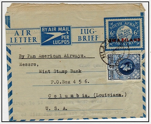 SWAZILAND - 1949 6d ultramarine air letter uprated to USA used at HLATIKULU.  H&G 8.