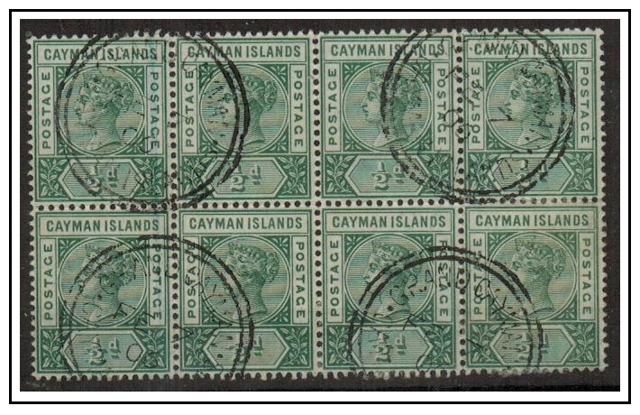 CAYMAN ISLANDS - 1900 1/2d pale green used block of eight used at GRAND CAYMAN.  SG 1a.
