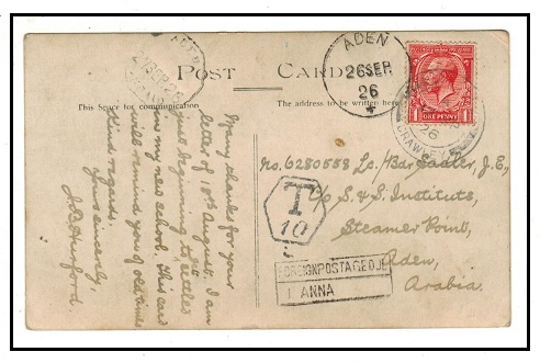 ADEN - 1926 inward postcard from UK struck ADEN/UNPAID.