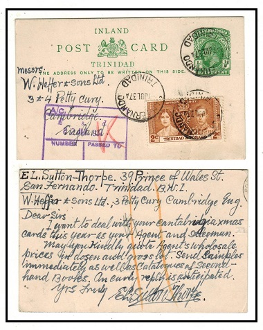 TRINIDAD AND TOBAGO - 1915 1/2d green PSC uprated to UK used at SAN FERNADO.  H&G 1.
