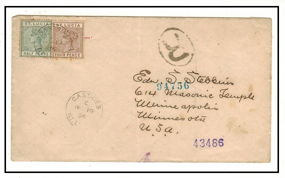 ST.LUCIA - 1906 4 1/2d rate registered cover to USA used at CASTRIES.