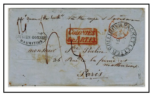 MAURITIUS - 1854 PACKET LETTER/MAURITIUS outer wrapper to France struck 