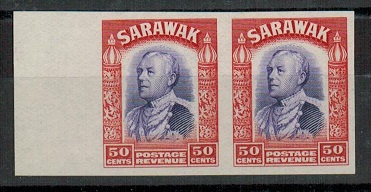 SARAWAK - 1934 50c IMPERFORATE PLATE PROOF pair.