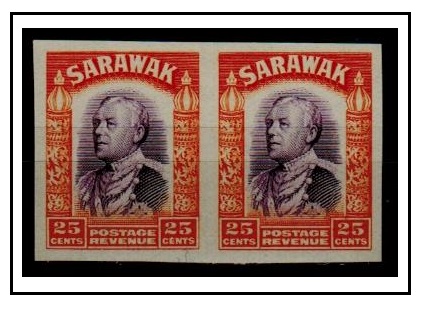 SARAWAK - 1934 25c IMPERFORATE PLATE PROOF pair.