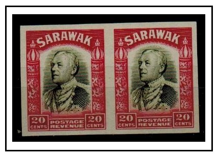 SARAWAK - 1934 20c IMPERFORATE PLATE PROOF pair.