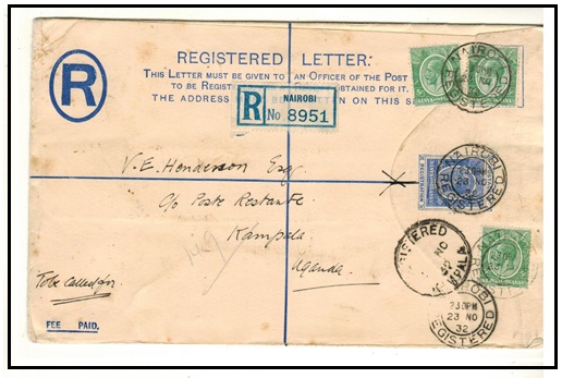 K.U.T. - 1935 50c blue RPSE (size H) uprated to Uganda and used at NAIROBI.  H&G 3a.