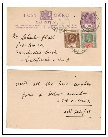 MAURITIUS - 1932 3c violet PSC uprated to USA used at PORT LOUIS.  H&G 32.