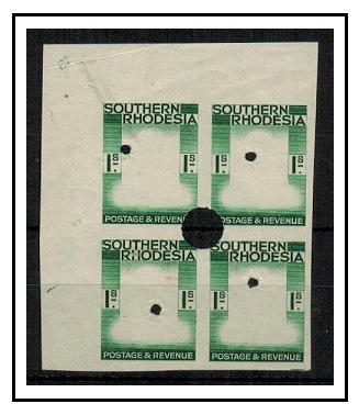 SOUTHERN RHODESIA - 1937 1/- IMPERFORATE PLATE PROOF block of four of the frame.
