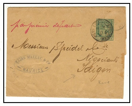 MAURITIUS - 1909 3c green postal stationery wrapper to Saigon (scarce) used at PORT LOUIS.  H&G 4.