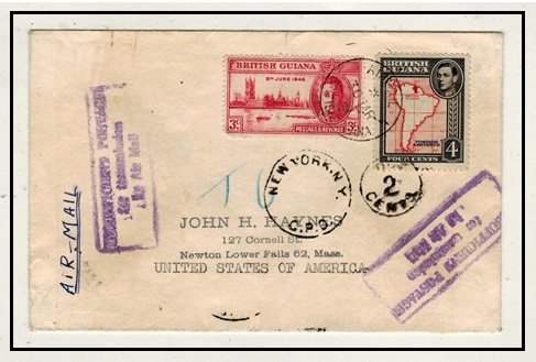 BRITISH GUIANA - 1951 7c rate INSUFFICIENT POSTAGE/FOR TRANSMISSION/BY AIR mail cover to USA.