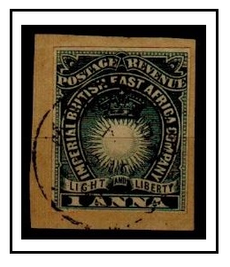 BRITISH EAST AFRICA - 1890 1a blue green IMPERFORATE single tied to piece by MOMBASA cds.  SG 5.