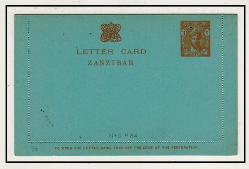 ZANZIBAR - 1926 3c brown orange on blue postal stationery letter card unused.  H&G 4.