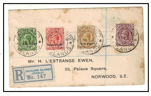 FALKLAND ISLANDS - 1919 registered cover to UK (tone spotted) with 1/2d to 1/- 