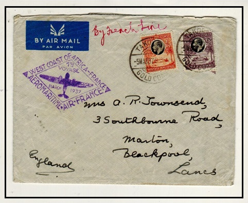 GOLD COAST - 1937 1/6d rate first flight cover to UK taken on the French line service. 