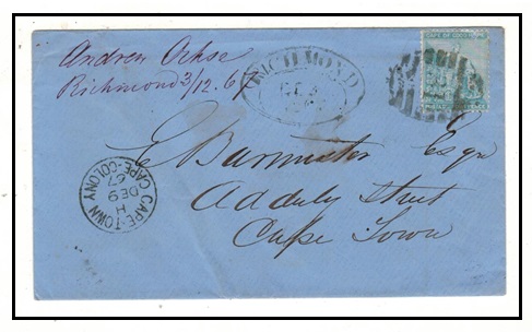 CAPE OF GOOD HOPE - 1867 4d rate cover to Cape Town struck 