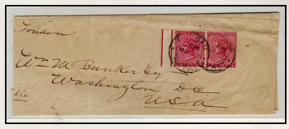 NATAL - 1880 (circa) 1d (x2) on home made wrapper to USA used at DURBAN.