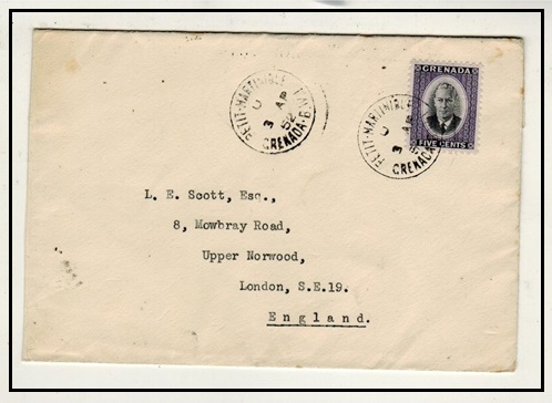 GRENADA - 1952 5c rate cover to UK used at PETIT MARTINIQUE.
