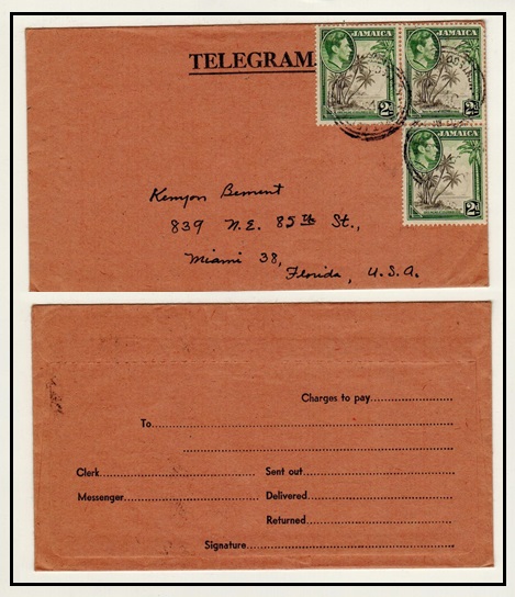 JAMAICA - 1950 (circa) 6d rated TELEGRAM envelope to USA used at STREET LETTER/MONTEGO BAY.