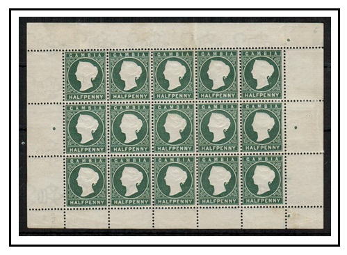 GAMBIA - 1887 1/2d myrtle green fine mint sheetlet of 15.  SG 31.