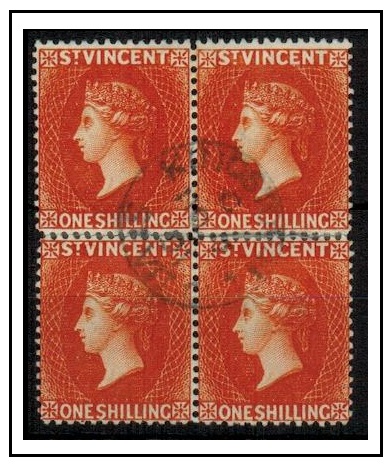 ST.VINCENT - 1891 1/- orange in a block of four (2 pairs) with central cds.  SG 58.