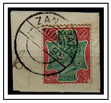 ZANZIBAR - 1898 use of Indian 1r carmine and green with forged ZANZIBAR cds.