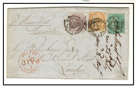 INDIA - 1866 tri coloured franking on entire to UK used at MADRAS.
