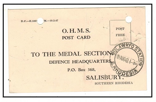 SOUTHERN RHODESIA - 1949 OHMS postcard used at BULAWAYO STATION.