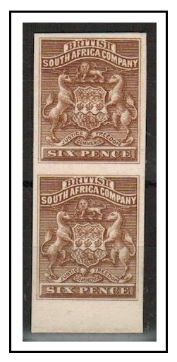 RHODESIA - 1892 6d IMPERFORATE PLATE PROOF vertical pair printed in the unissued colour of brown.