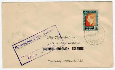 SOLOMON ISLANDS - 1938 RETURN TO SENDER cachet applied on inward first flight cover from South Afric