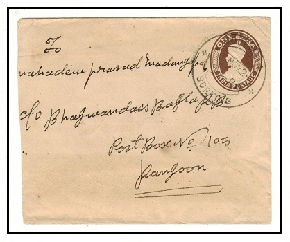 BURMA - 1922 1a brown PSE of India addressed to Rangoon and used at MOULMEIN/SOR.  H&G 13.