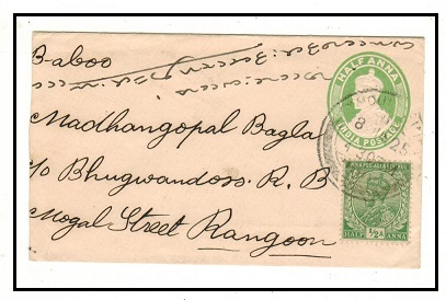 BURMA - 1913 1/2a yellow green PSE of India addressed to Rangoon used at MOULMEIN.  H&G 9.