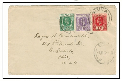 FIJI - 1933 3d rate cover to USA used at SUVA/FIJI.