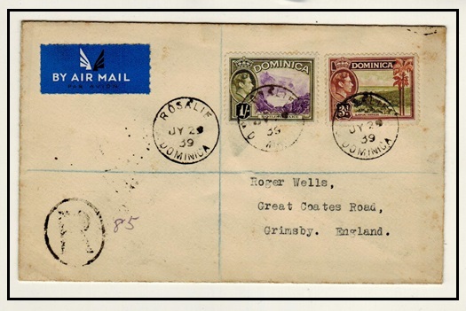 DOMINICA - 1939 1/3d rate registered cover to UK used at ROSALIE.