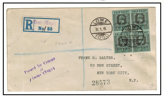 TOGO - 1916 1/- (x4) on censored registered cover used at LOME showing SMALL F (SG 41a) variety.