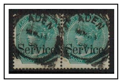 ADEN - 1867 4a green SERVICE adhesive pair of India used at ADEN.  SG Z220.