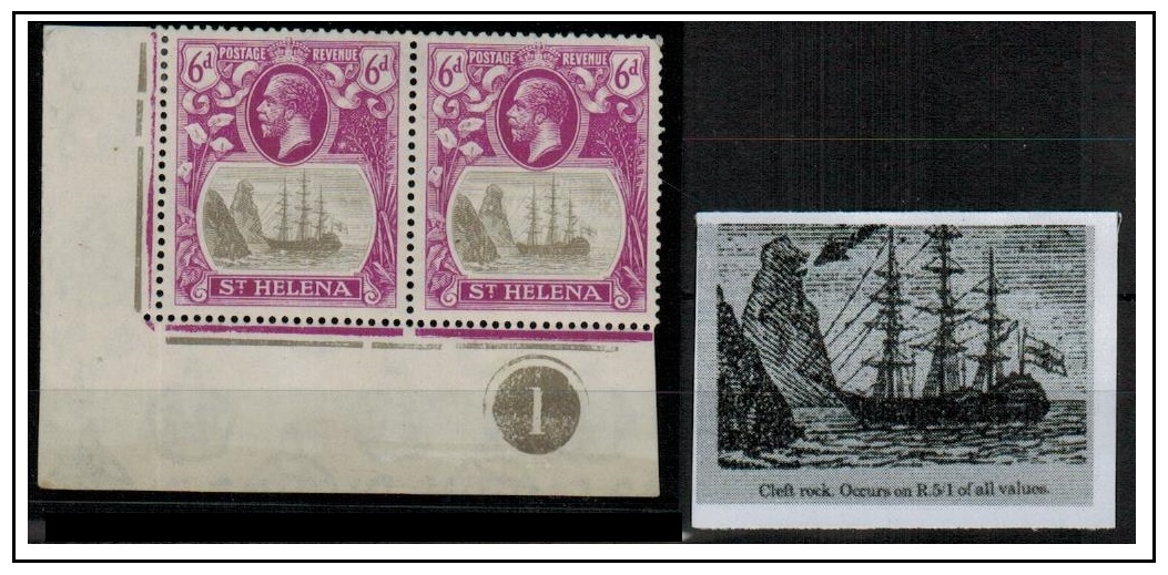 ST.HELENA - 1922-37 6d grey and bright violet fine mint pair with CLEFT ROCK variety.  SG 104c.