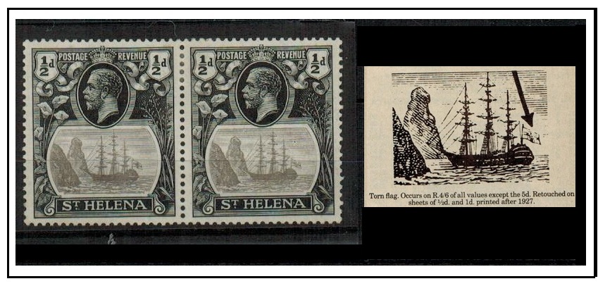 ST.HELENA - 1922-37 1/2d grey and black fine mint pair with TORN FLAG variety.  SG 97b.