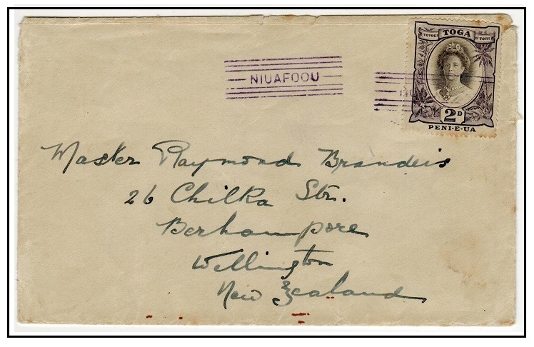 TONGA - 1930 (circa) 2d rate cover to New Zealand cancelled by violet NIUAFOOU barred strike.
