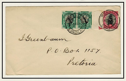 SWAZILAND - 1932 1/2d (x2) + 1d South African adhesive cover to Pretoria used at MBABANE.