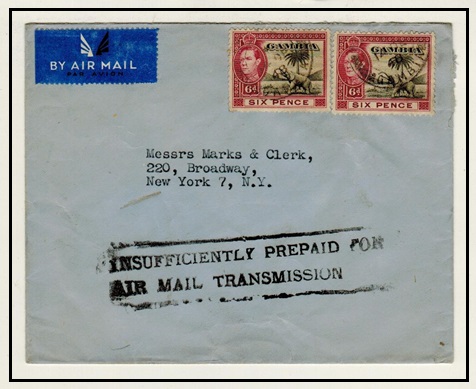 GAMBIA - 1948 1/- rate to USA struck INSUFFICIENTLY PREPAID FOR/AIR TRANSMISSION.